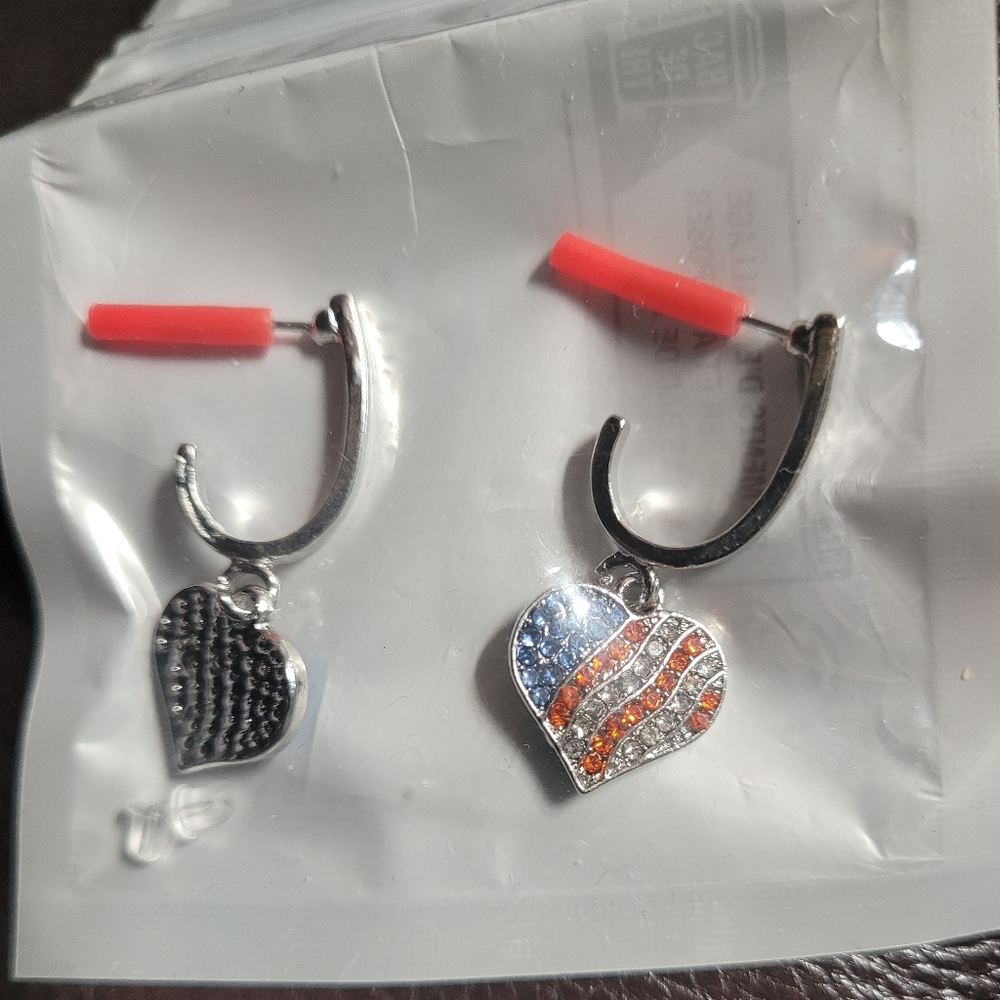 Silver Heart Dangle From Stud Earrings with Red, Blue & Clear Rhinestones (RC5)